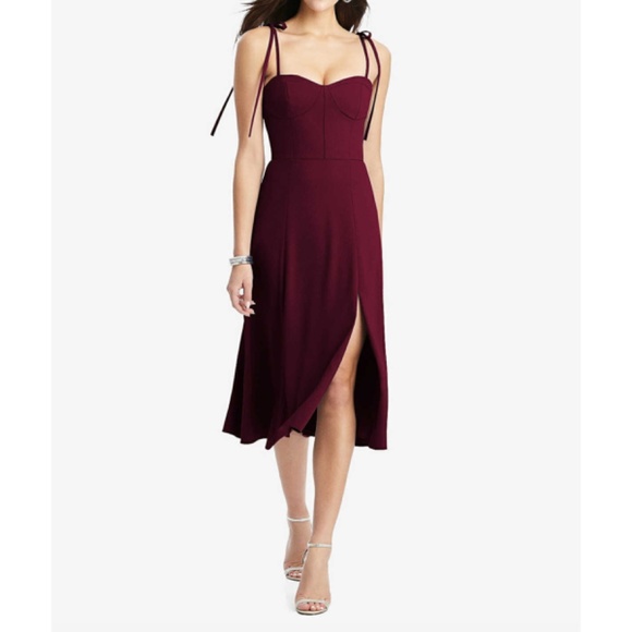 Dessy Collection Bustier Crepe Midi Dress‎ in Cabernet Red - Picture 1 of 9